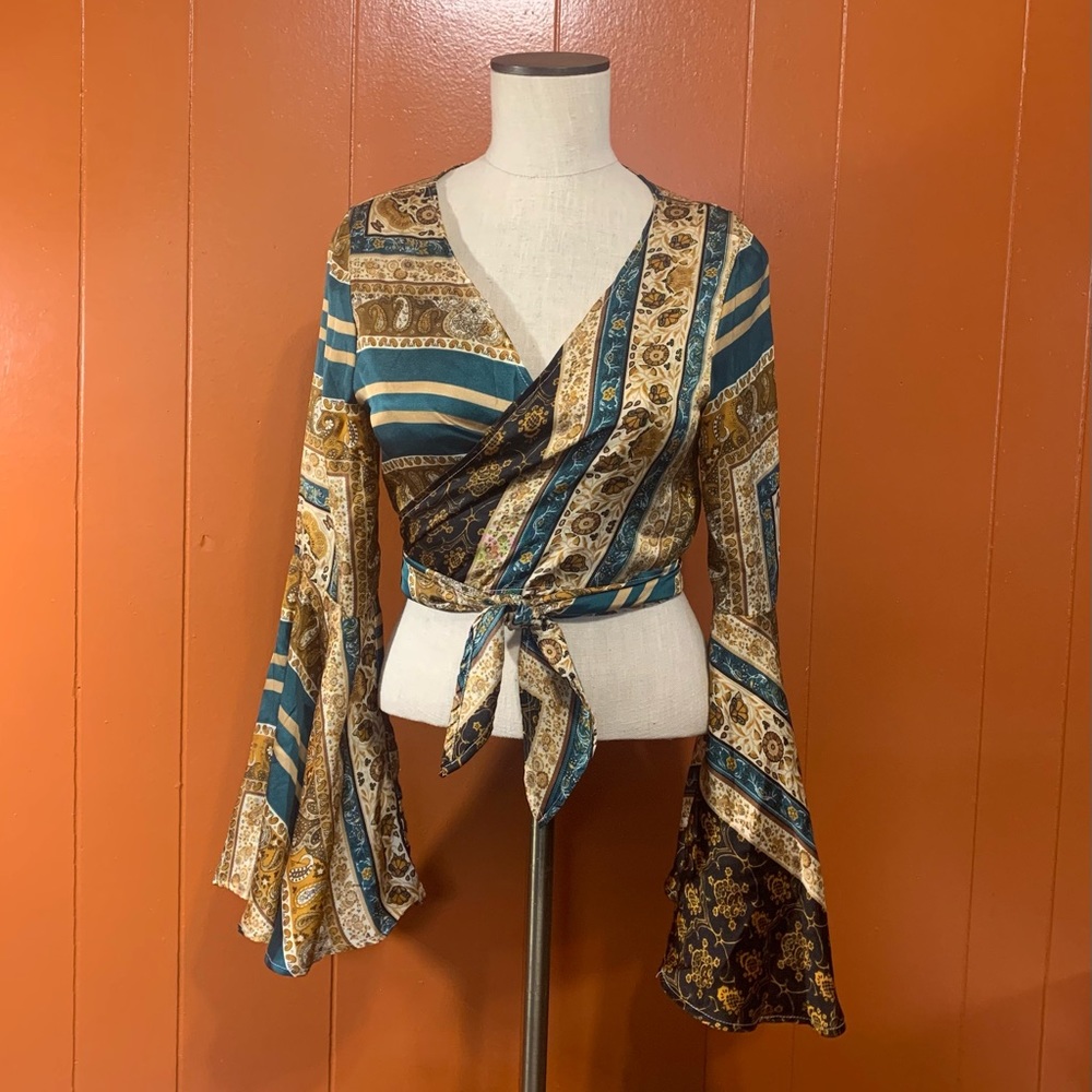 Cider Teal and Gold Patterned Wrap Blouse - Picture 4 of 11